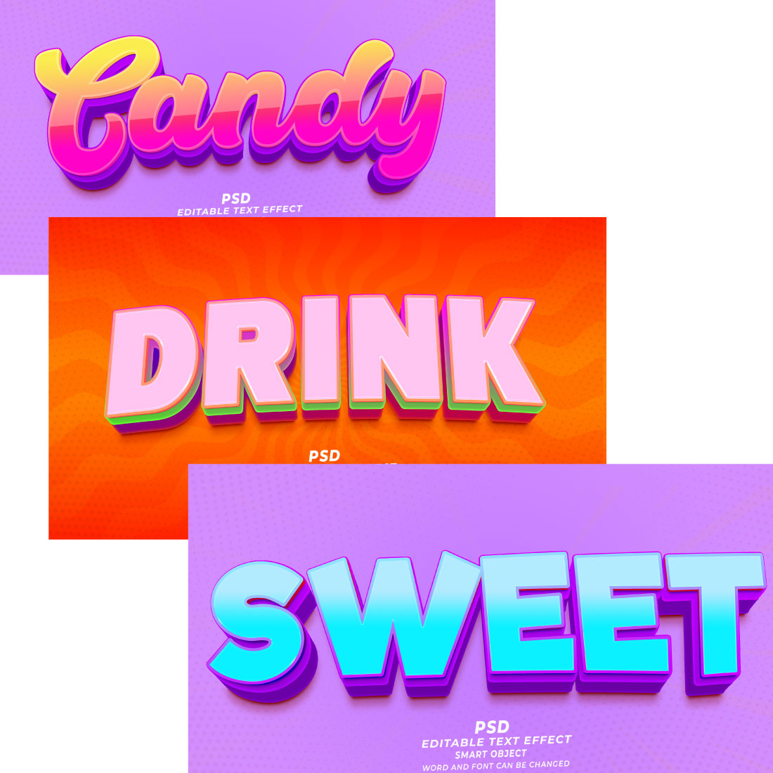 Sweet and fruit PSD bundle 3D editable text effect preview image.