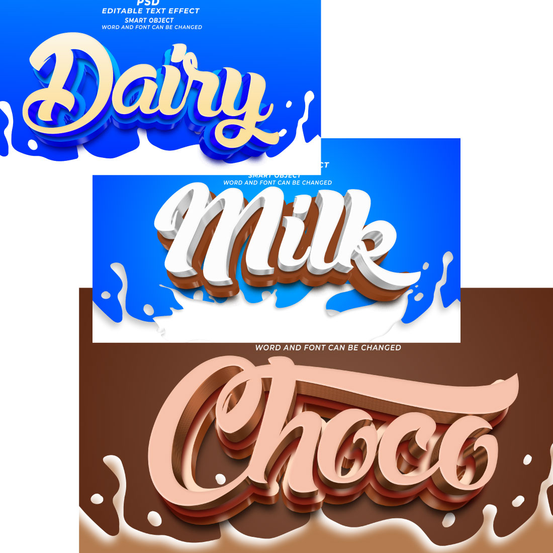 Dairy and Fruits PSD bundle 3D editable text effect preview image.