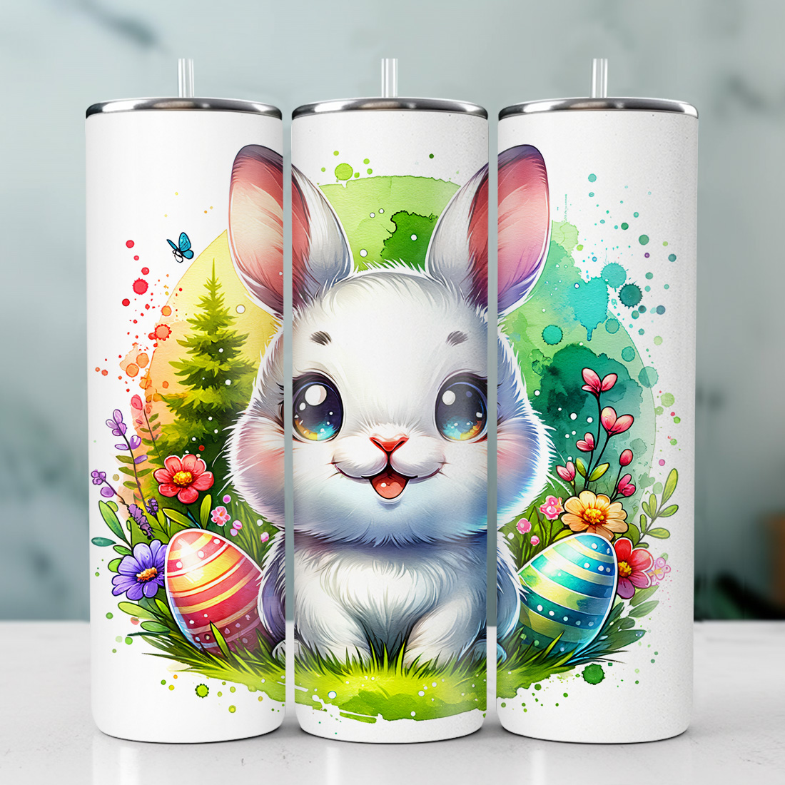 Watercolor Rabbit Tumbler Wrap | 20oz Tumbler | Tumbler PNG preview image.