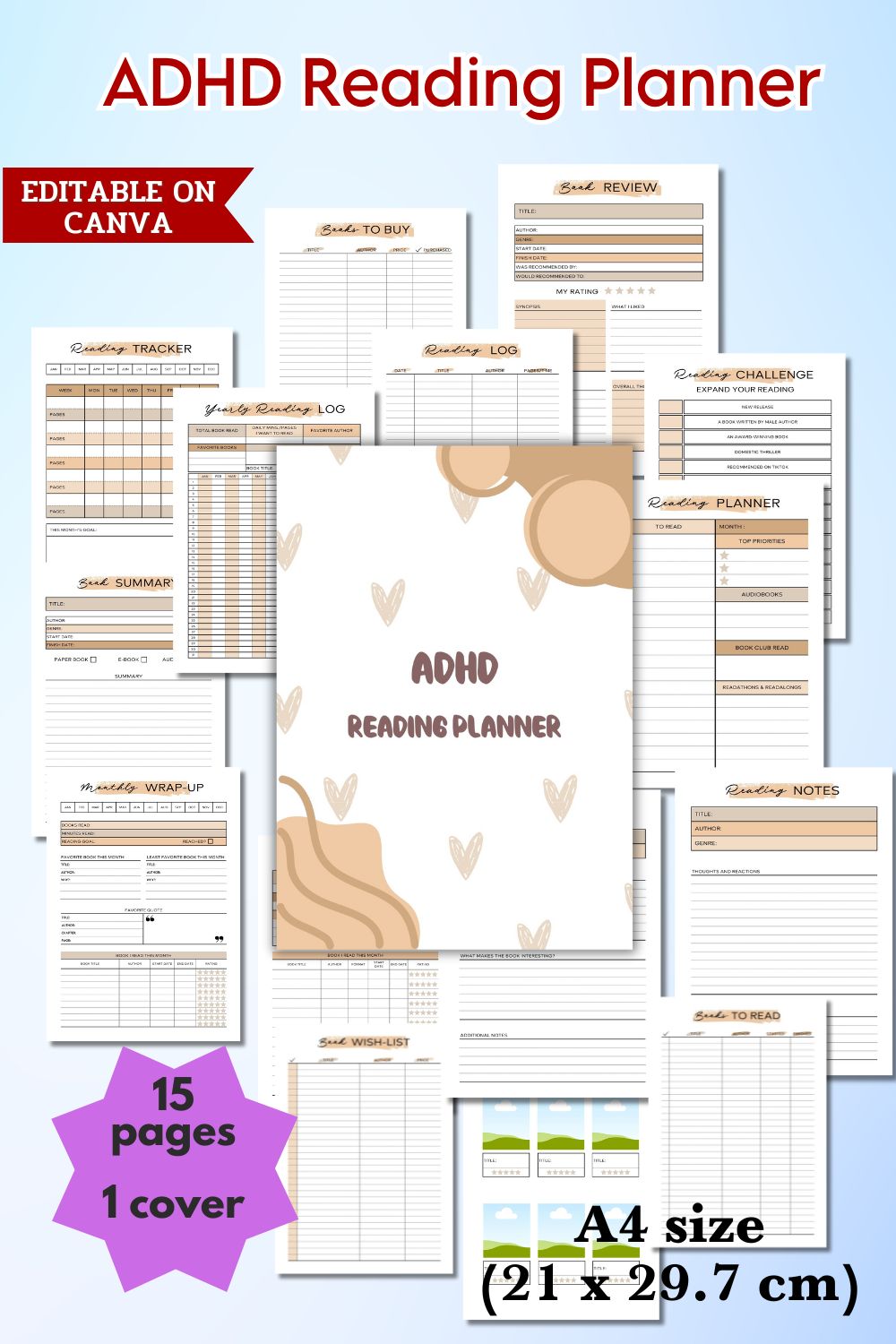 ADHD Reading Planner - Canva Template pinterest preview image.