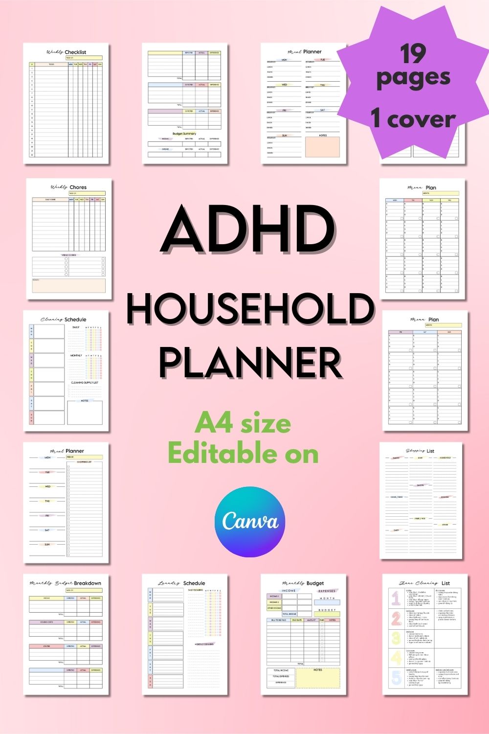 ADHD Household Planner - CANVA Template pinterest preview image.