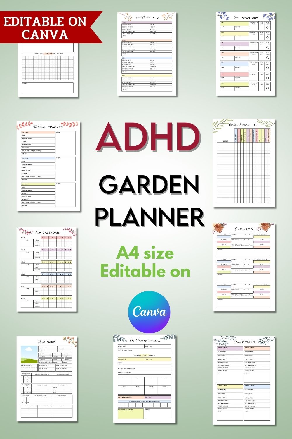ADHD Garden Planner - Canva Template pinterest preview image.