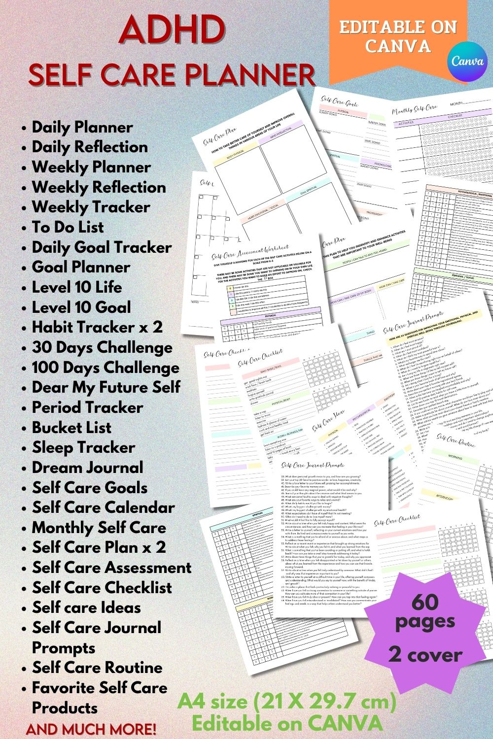 ADHD Self Care Planner - Canva Template pinterest preview image.