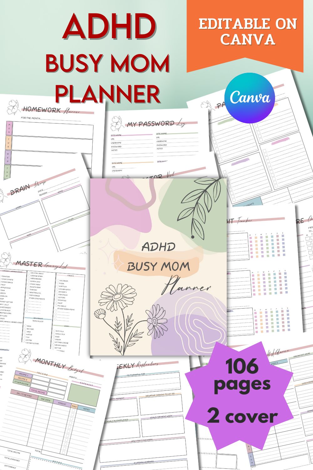 ADHD Busy Mom Planner - Canva Template pinterest preview image.