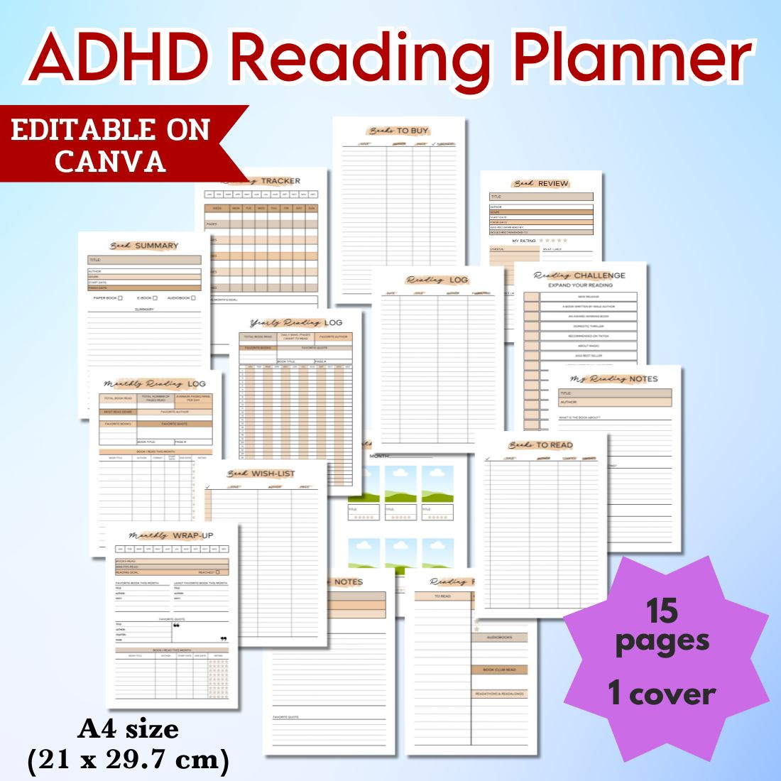 ADHD Reading Planner - Canva Template cover image.