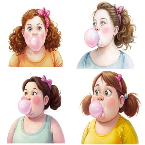 Cheerful girl blowing bubble gum, Fun clipart, Cheerful clipart, Self love clipart, Body positivity, Vector clipart, 6 transparent PNG cover image.