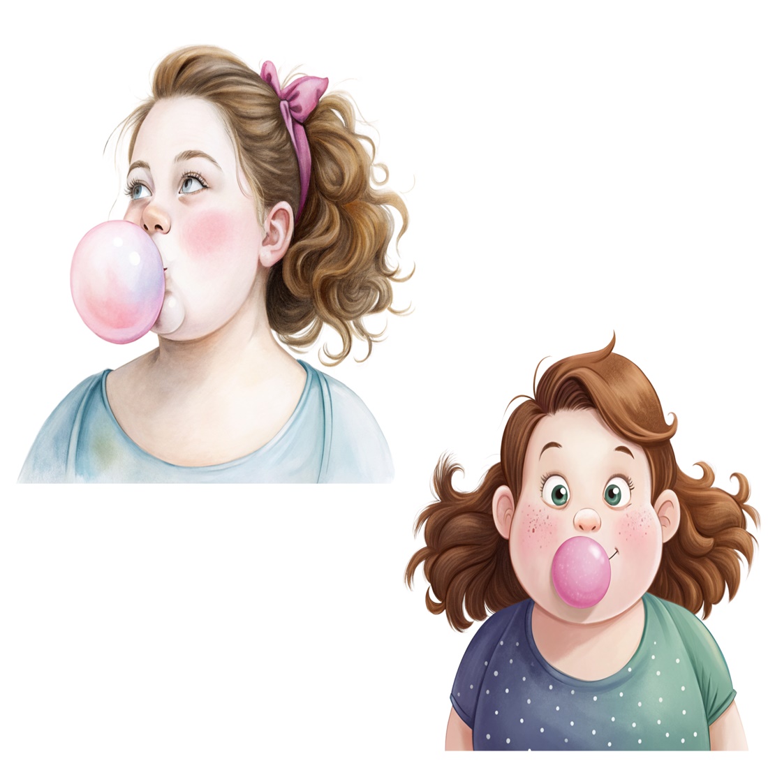Cheerful girl blowing bubble gum, Fun clipart, Cheerful clipart, Self love clipart, Body positivity, Vector clipart, 6 transparent PNG preview image.