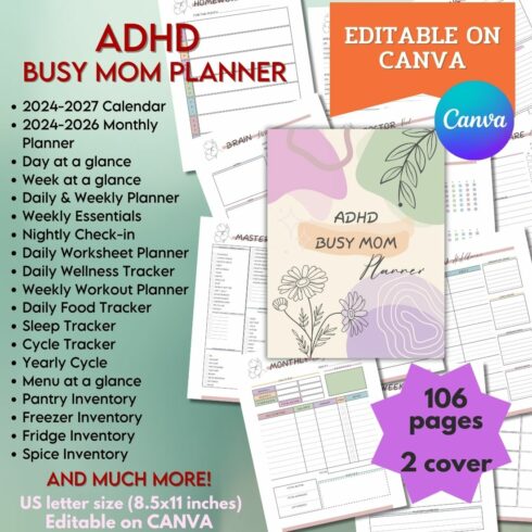 ADHD Busy Mom Planner - Canva Template cover image.