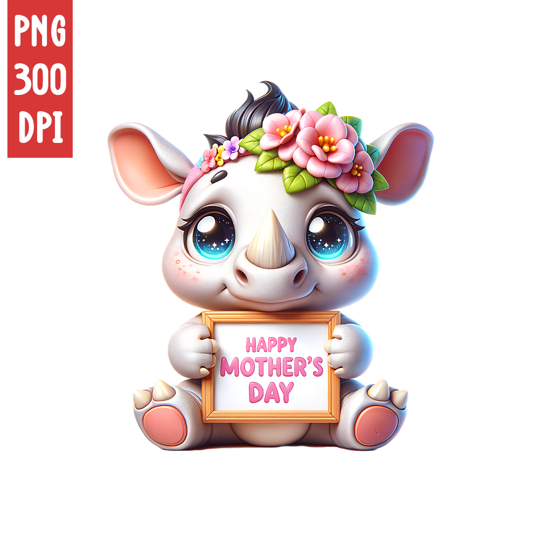 Mother's Day Animal Clipart | Cute Rhino with frame clipart | PNG preview image.