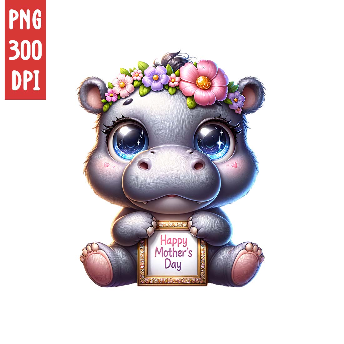 Mother's Day Animal Clipart | Cute Hippo with frame clipart | PNG preview image.