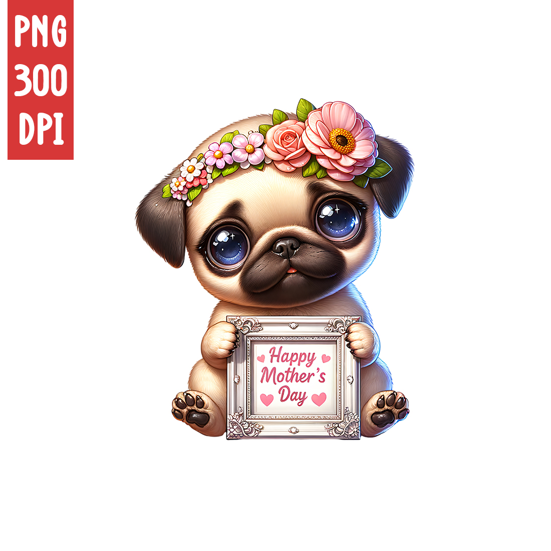 Mother's Day Animal Clipart | Cute Pug / Dog with frame clipart | PNG preview image.