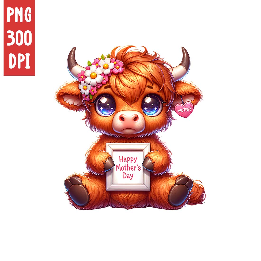 Mother's Day Animal Clipart | Cute Highland cow with frame clipart | PNG preview image.