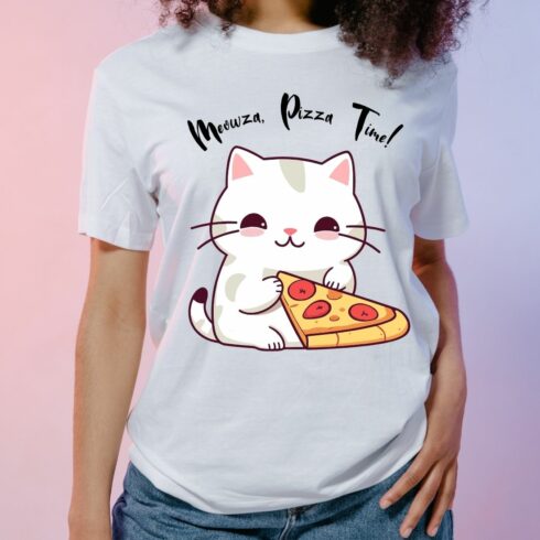 Meowza, Pizza Time! T-Shirt Design cover image.