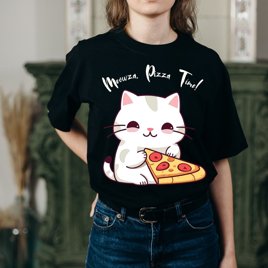 Meowza, Pizza Time! T-Shirt Design preview image.