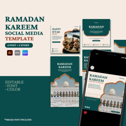 Ramadan Kareem Social Media Instagram template set, 4 Square + 2 story cover image.