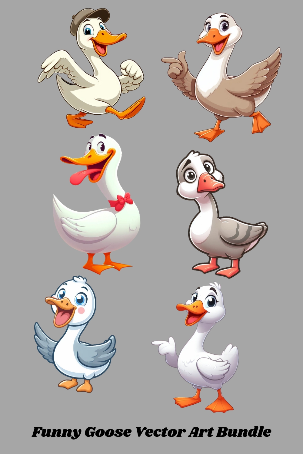 Funny Goose Vector Art Bundle: 10 Quirky Designs for Print-On-Demand, Stickers & T-shirt Designs pinterest preview image.