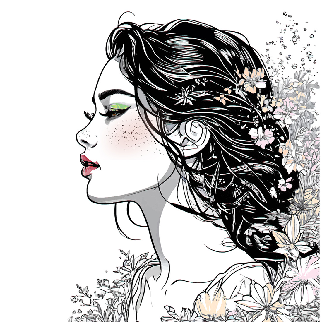 Pretty Girl with Flowers Vector preview image.