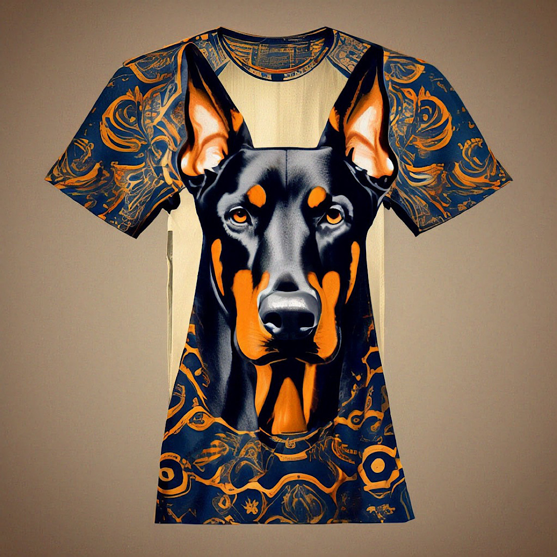 Men's Unisex T-shirt, abstract pattern, Black and orange design, Doberman pattern preview image.
