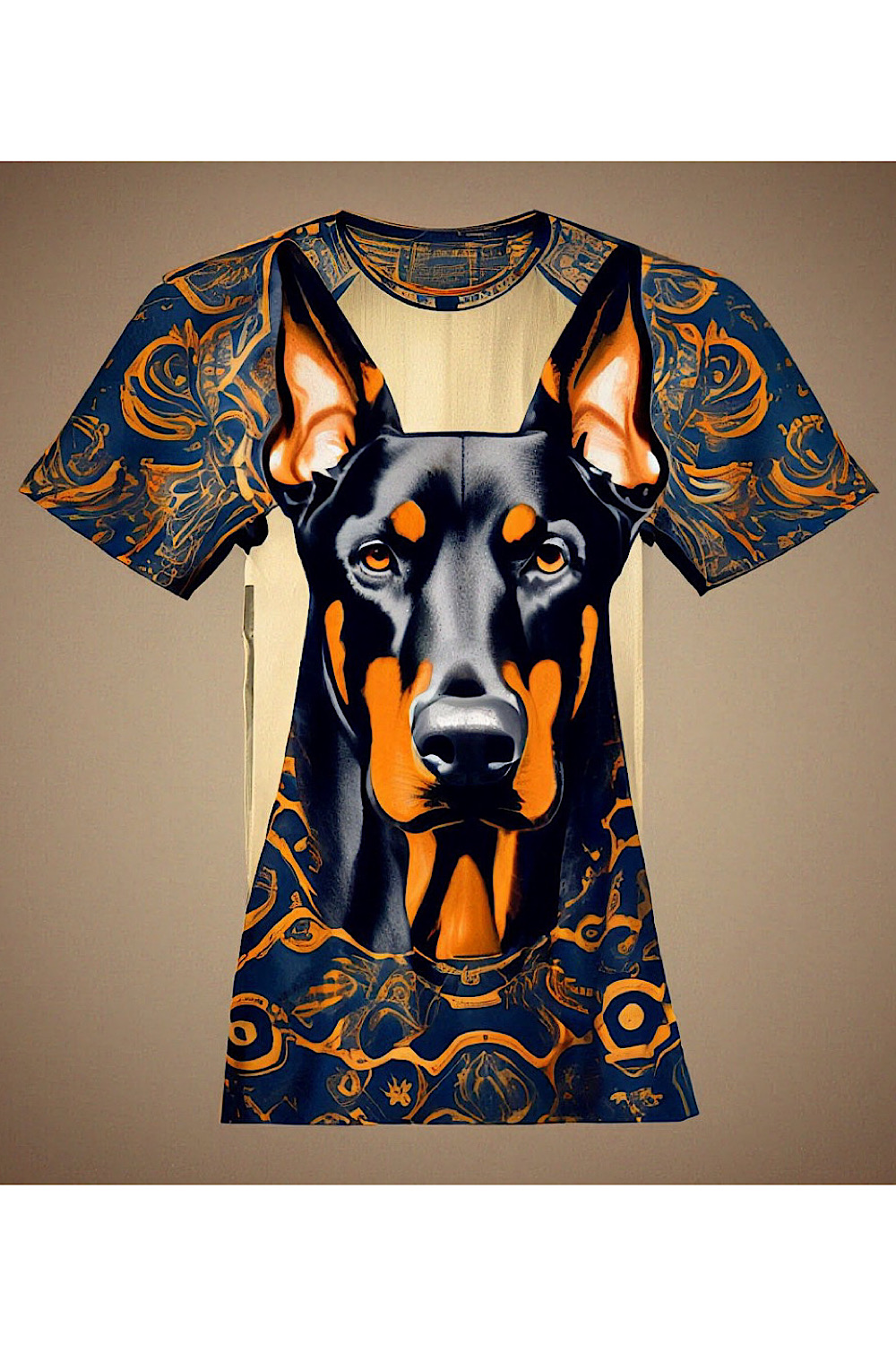 Men's Unisex T-shirt, abstract pattern, Black and orange design, Doberman pattern pinterest preview image.