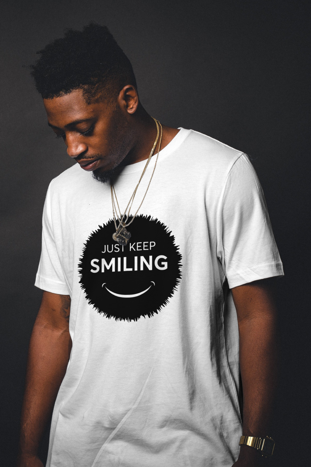Just keep smiling tshirt design pinterest preview image.