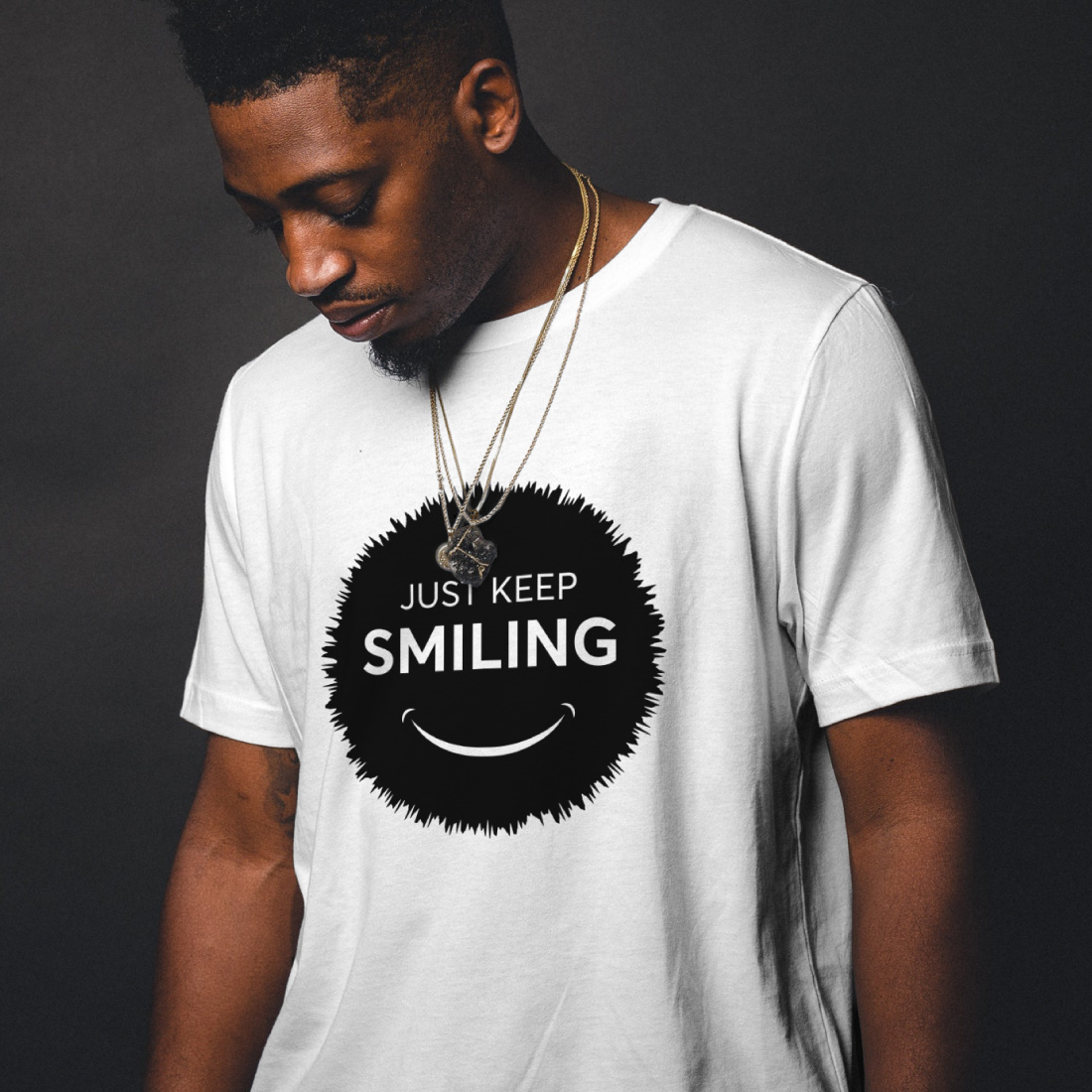Just keep smiling tshirt design preview image.