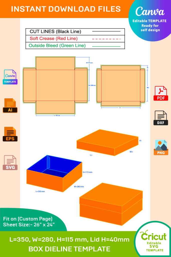 Largest Size Box 350x280x115 mm, Lid H=40mm Dieline Template ...