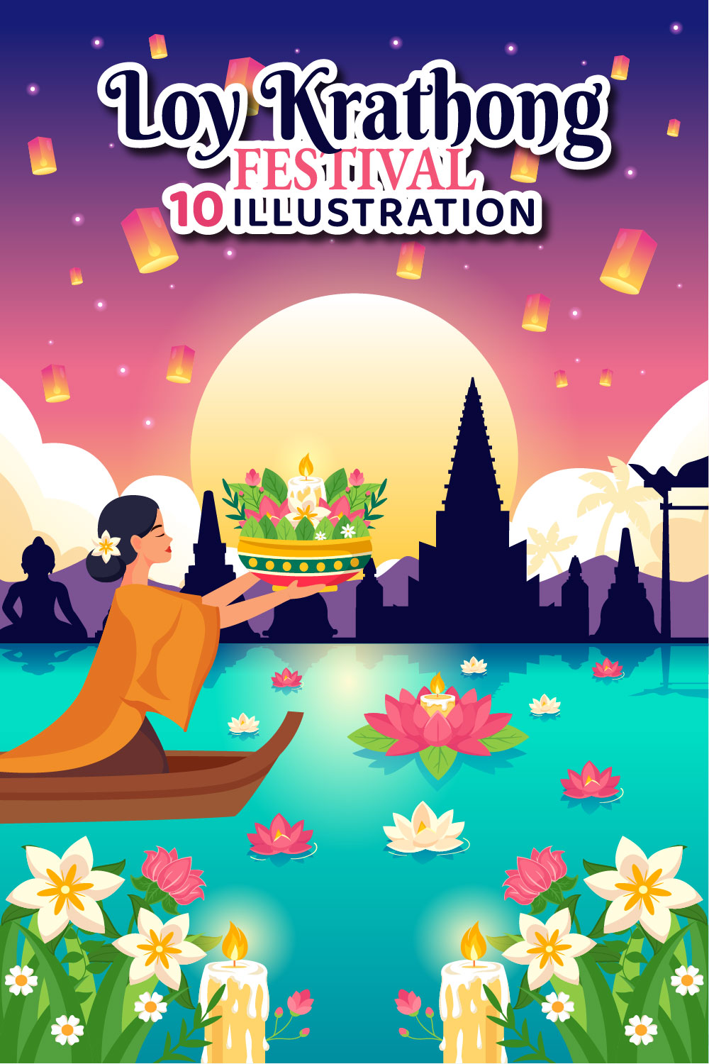 10 Loy Krathong Festival Illustration pinterest preview image.