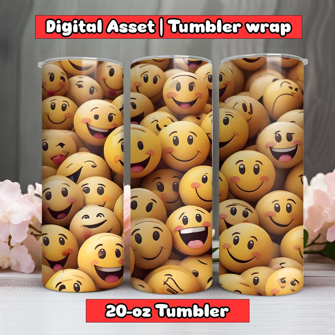 Happy Emojis Tumbler Wrap | 20-oz | PNG preview image.