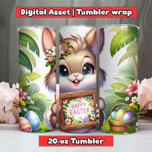 Rabbit Lion Happy Easter Tumbler Wrap | 20-oz | PNG cover image.