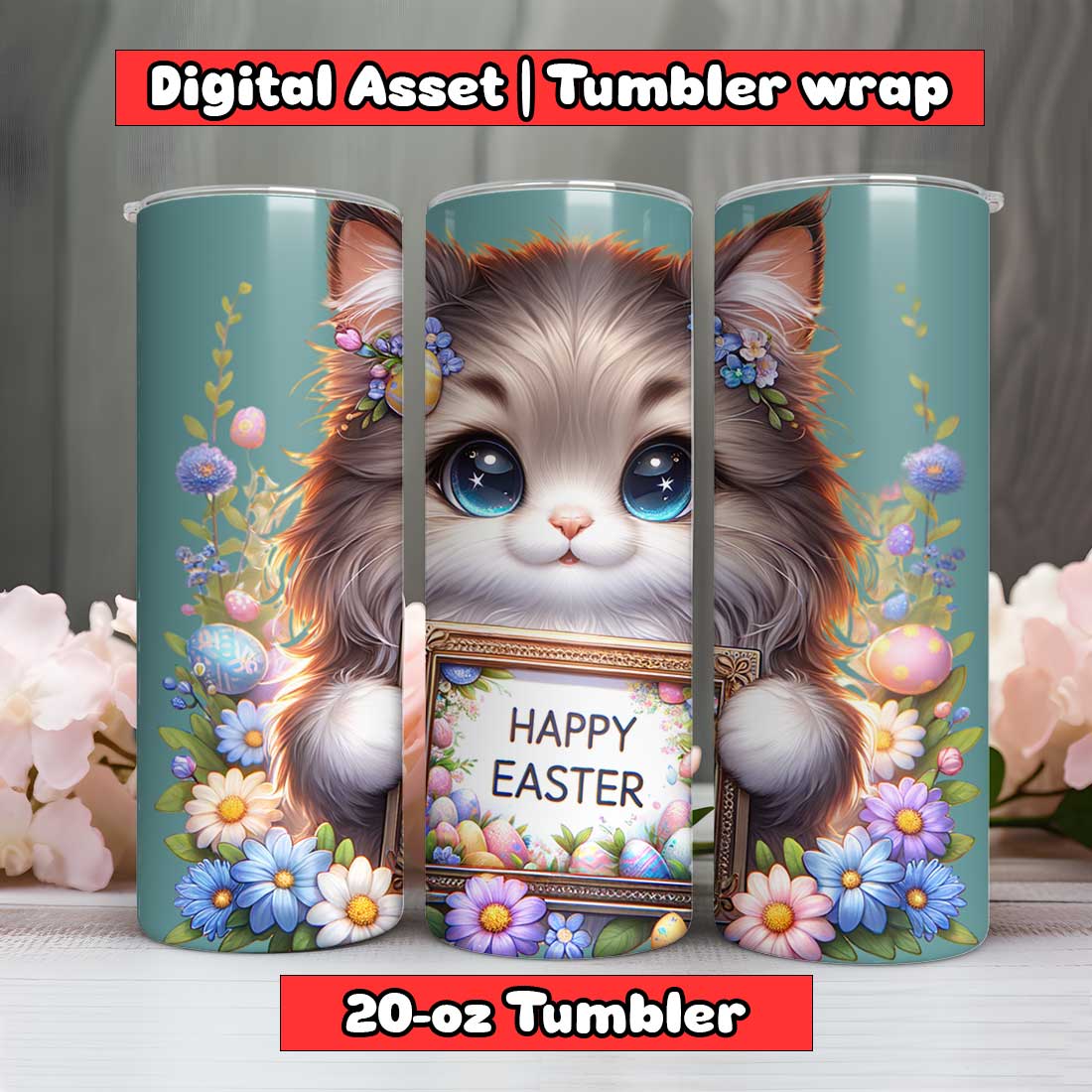 Cat Happy Easter Tumbler Wrap | 20-oz | PNG preview image.