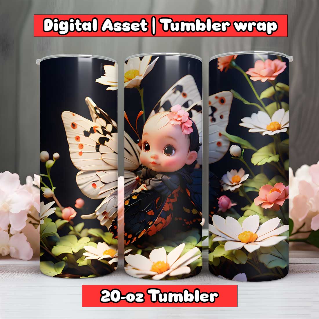 Butterfly Baby GirlTumbler Wrap | 20-oz | PNG preview image.