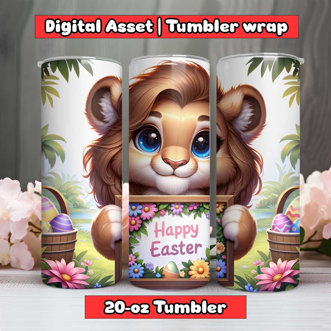 female Lion Happy Easter Tumbler Wrap | 20-oz | PNG preview image.