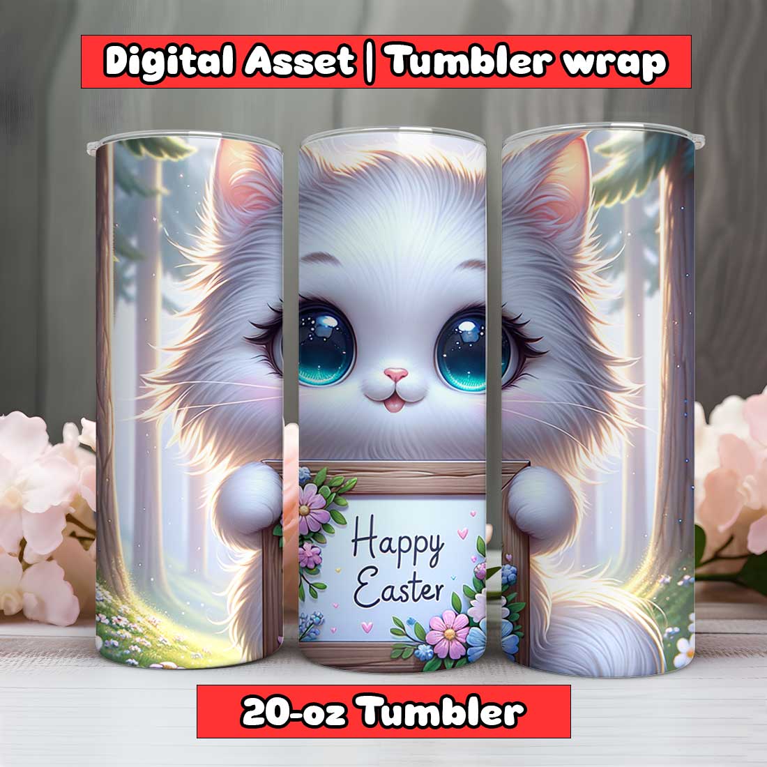 Persian Blue Cat Happy Easter Tumbler Wrap | 20-oz | PNG preview image.