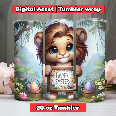 Female Lion Happy Easter Tumbler Wrap | 20-oz | PNG cover image.