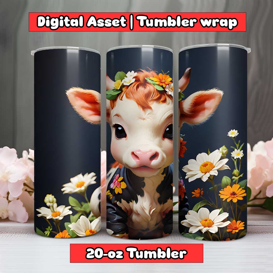 Baby Cow Tumbler Wrap | 20-oz | PNG preview image.