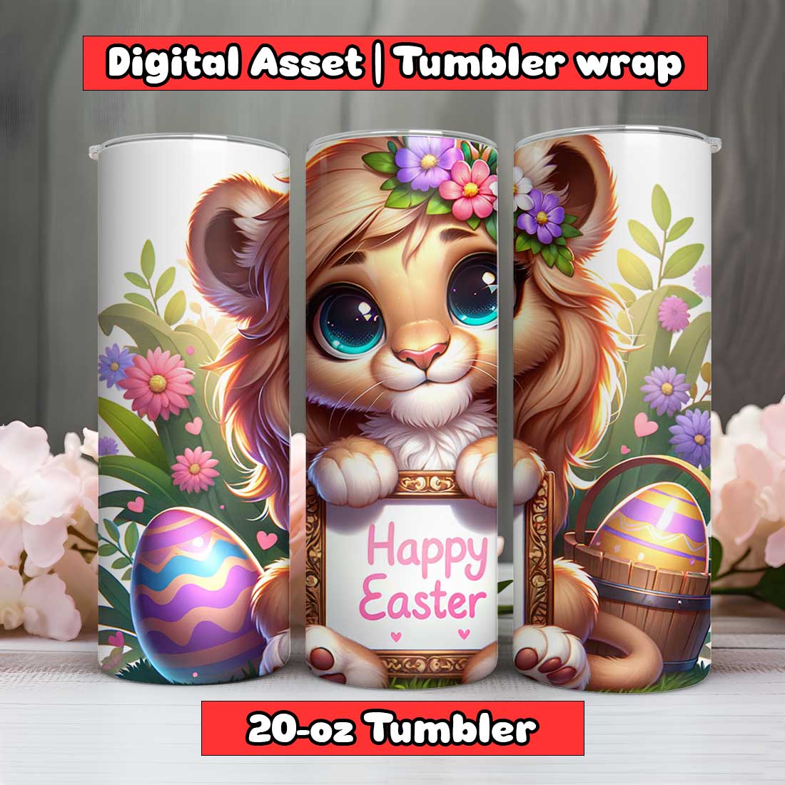 Lion Happy Easter Tumbler Wrap | 20-oz | PNG preview image.