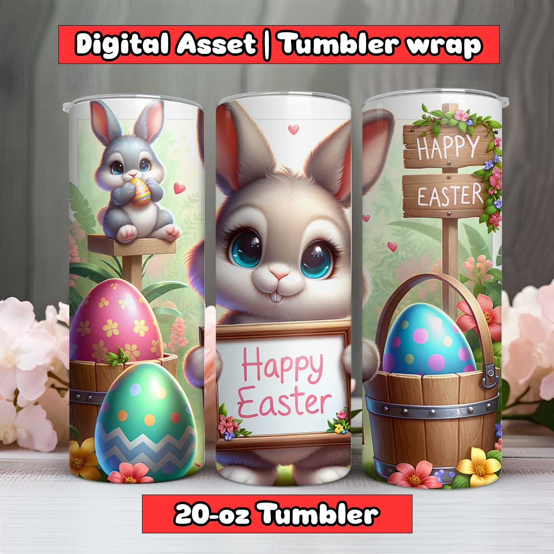 Rabbit with Bucket Happy Easter Tumbler Wrap | 20-oz | PNG preview image.