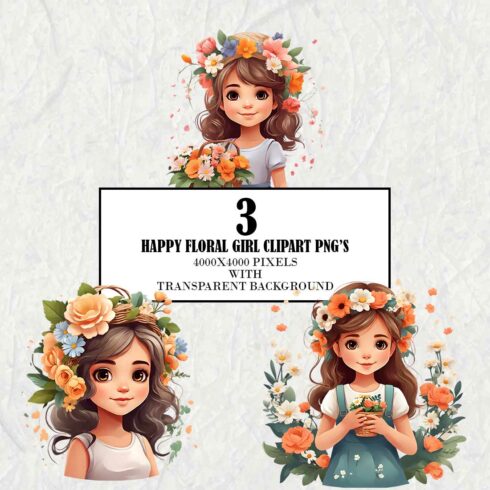 Happy Floral Girl Pack 2 Cliparts cover image.