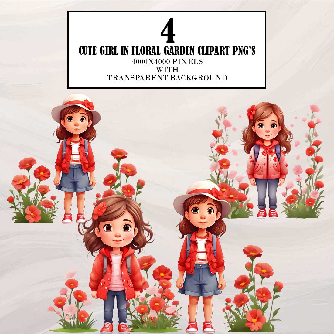 Floral Cute Girl Cliparts preview image.