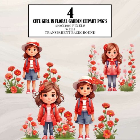 Cute girl in Floral Garden Clipart cover image.