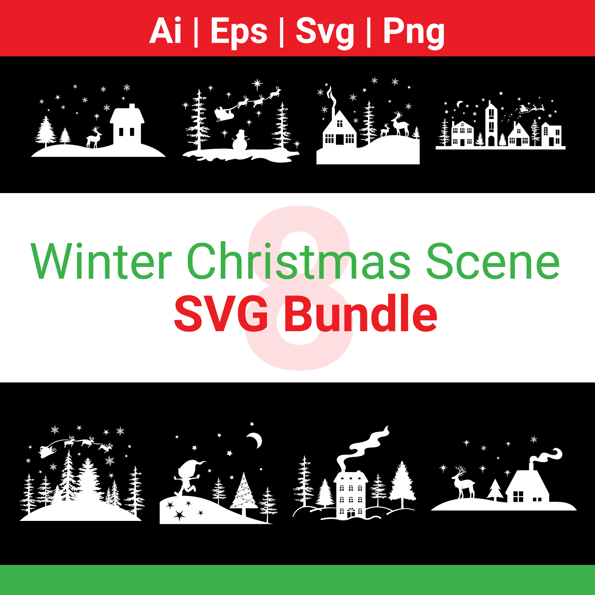 Festive Christmas SVG Design Bundle, Enchanting Winter Landscape SVG Bundle with Santa and Reindeer cover image.