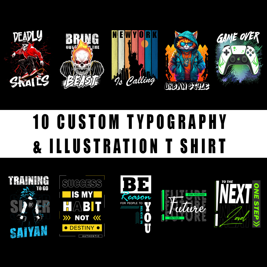 Custom illustration and typography t shirts cover image.