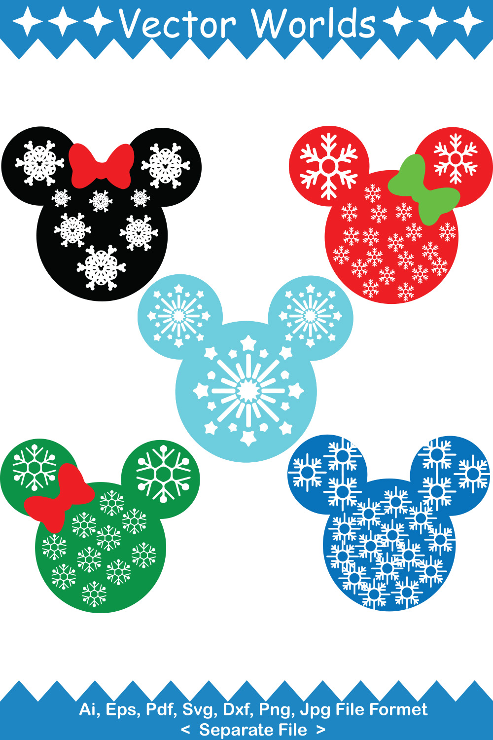 Mickey Snowflakes SVG Vector Design pinterest preview image.