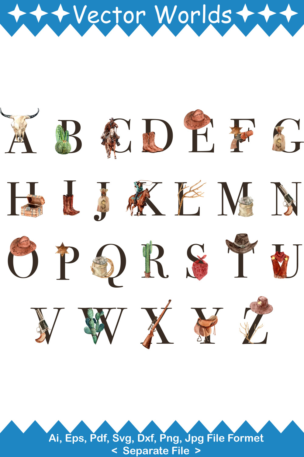 Cowboy Alphabet SVG Vector Design pinterest preview image.