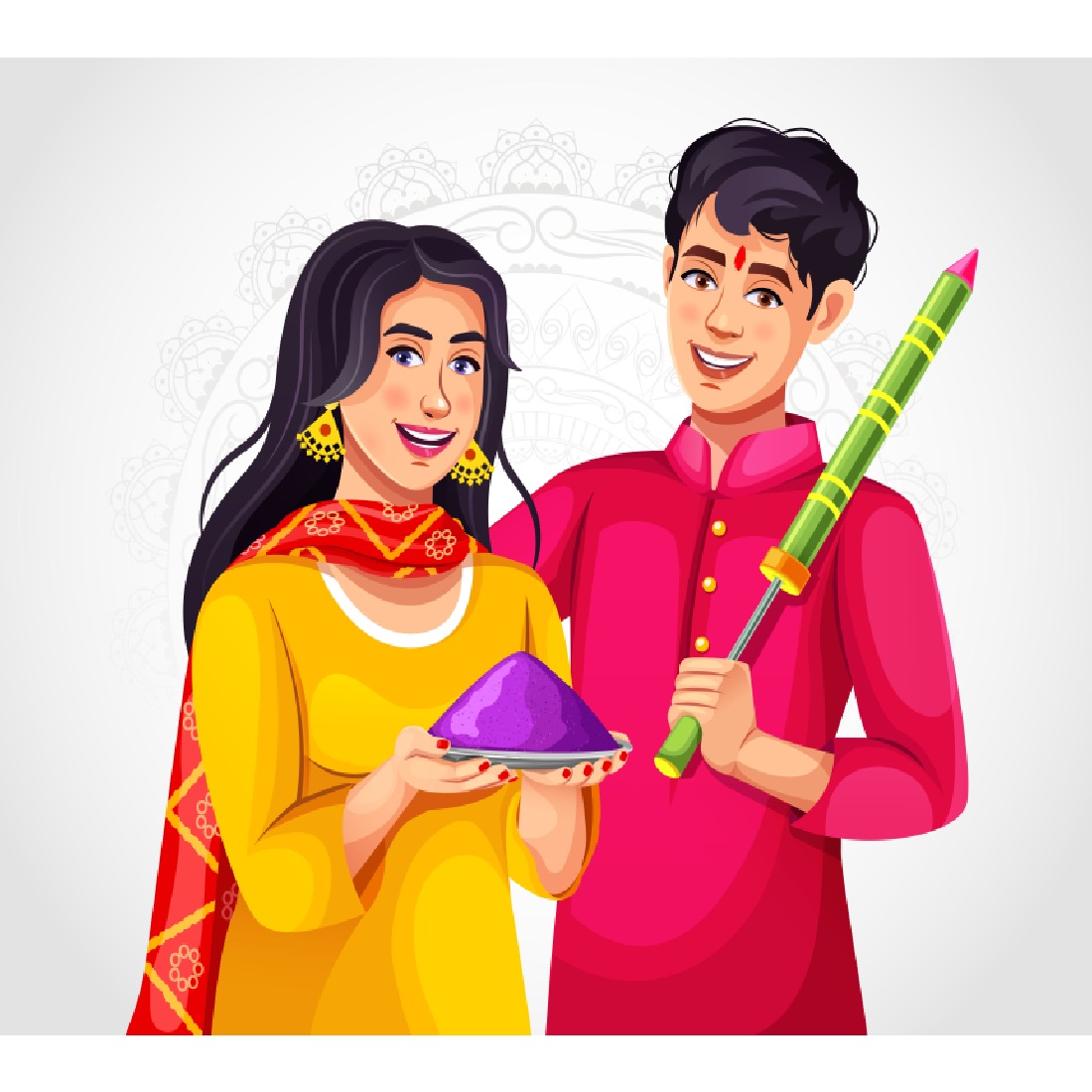 Indian Asian couple in ethnic clothes celebrating Holi Girl and boy holding color and pichkari preview image.