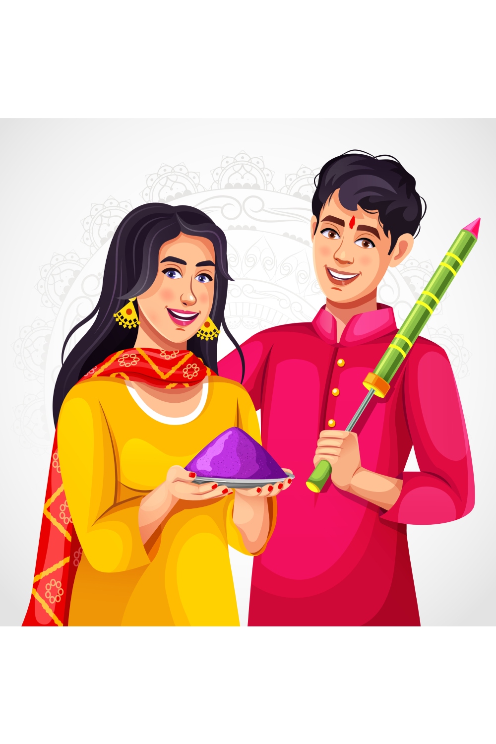 Indian Asian couple in ethnic clothes celebrating Holi Girl and boy holding color and pichkari pinterest preview image.