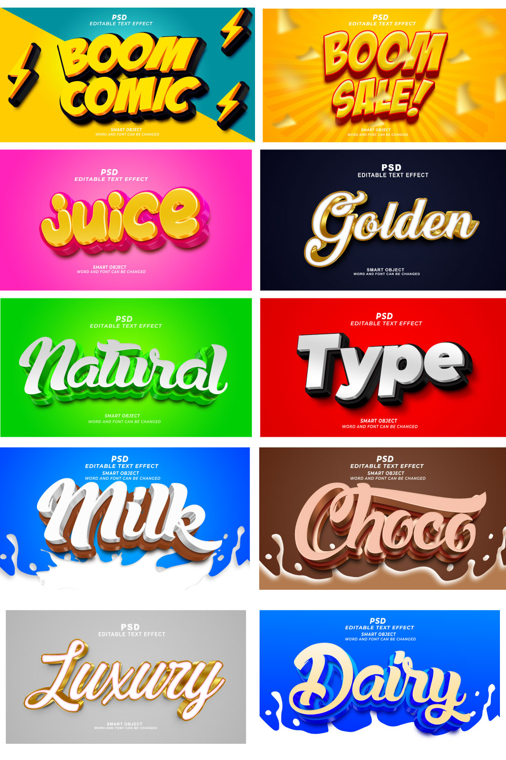 Dairy and Fruits PSD bundle 3D editable text effect pinterest preview image.