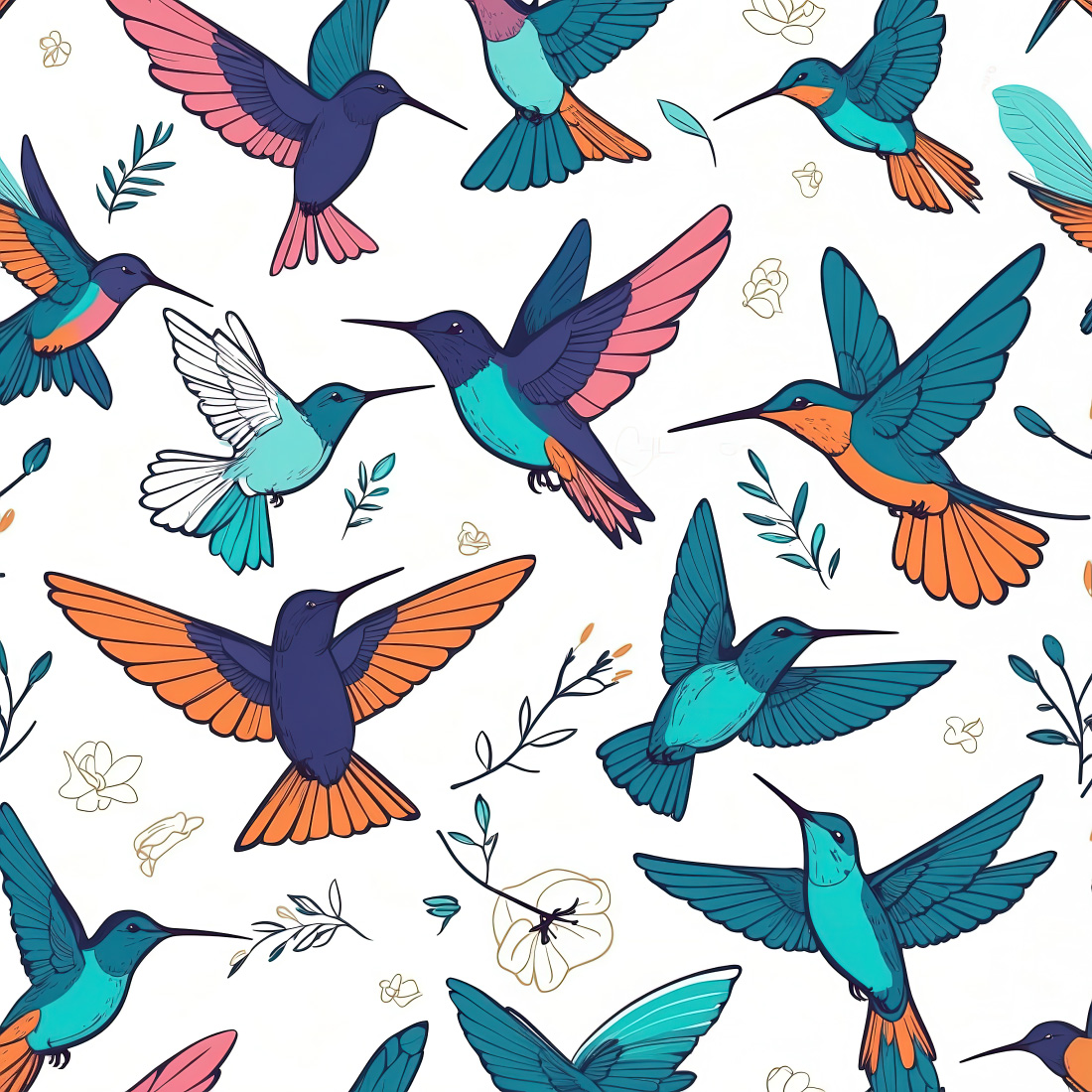 Colibri birds with floral leaves in boho style design bundle preview image.