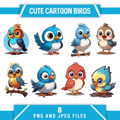 3d cartoon little birds set of 8 different mascots cover image.