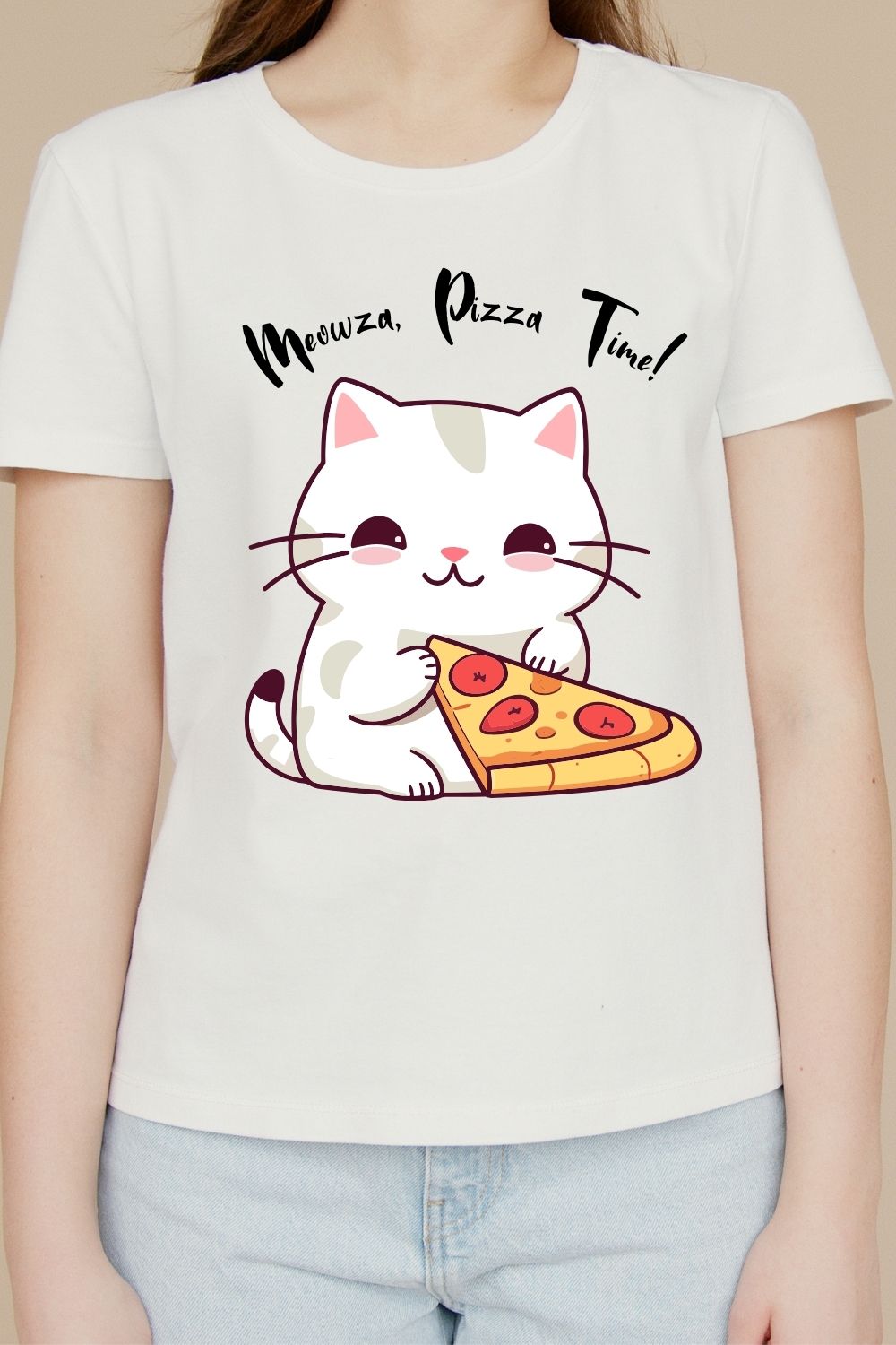 Meowza, Pizza Time! T-Shirt Design pinterest preview image.